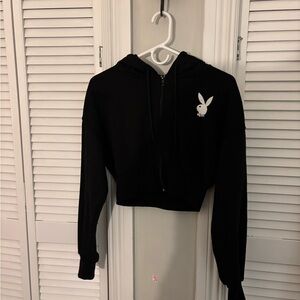 PLAYBOY Medium Black Cropped Zippered Hoodie with Logo